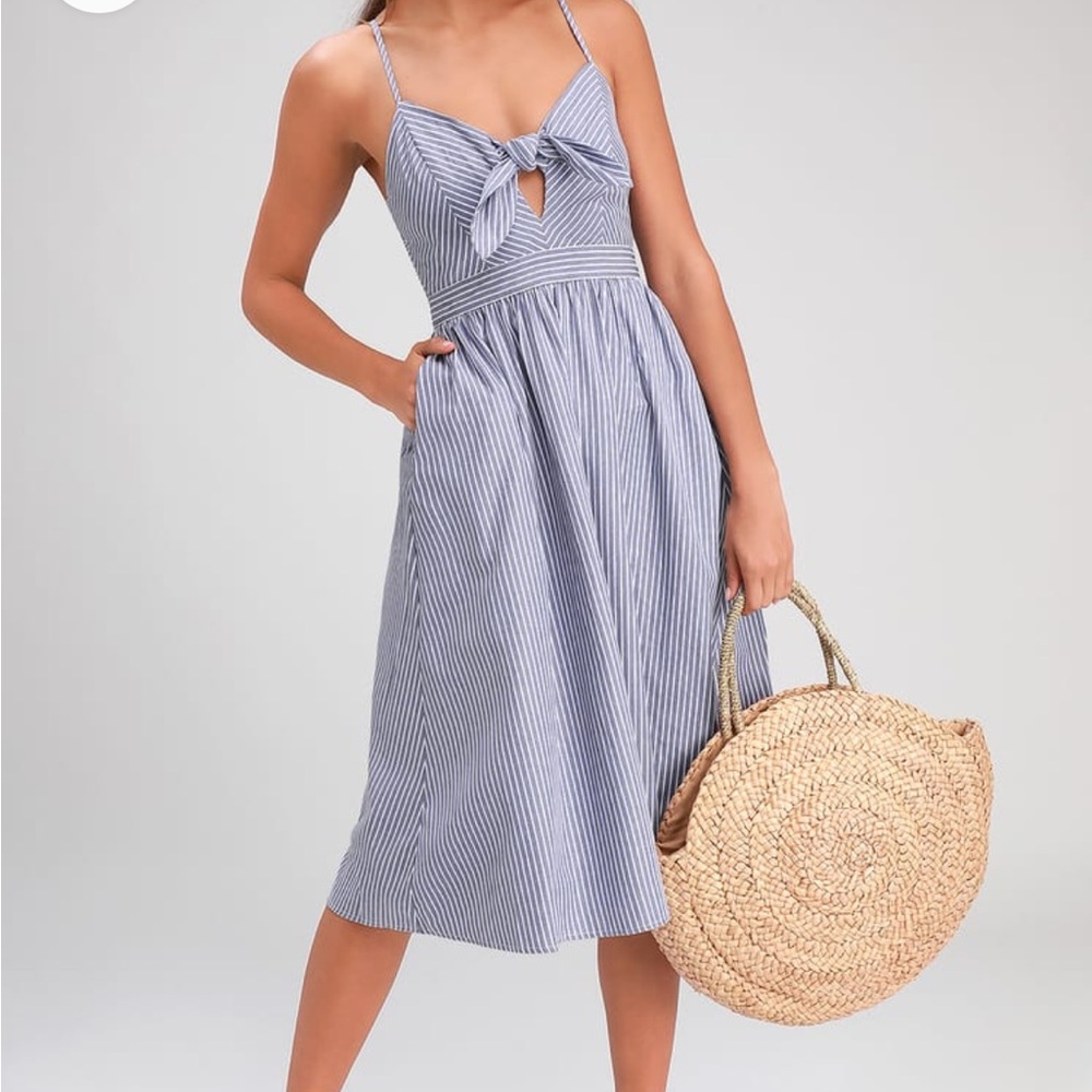 Lulus Joyful Days Blue Striped Knotted Front Midi Dress With Pockets Large